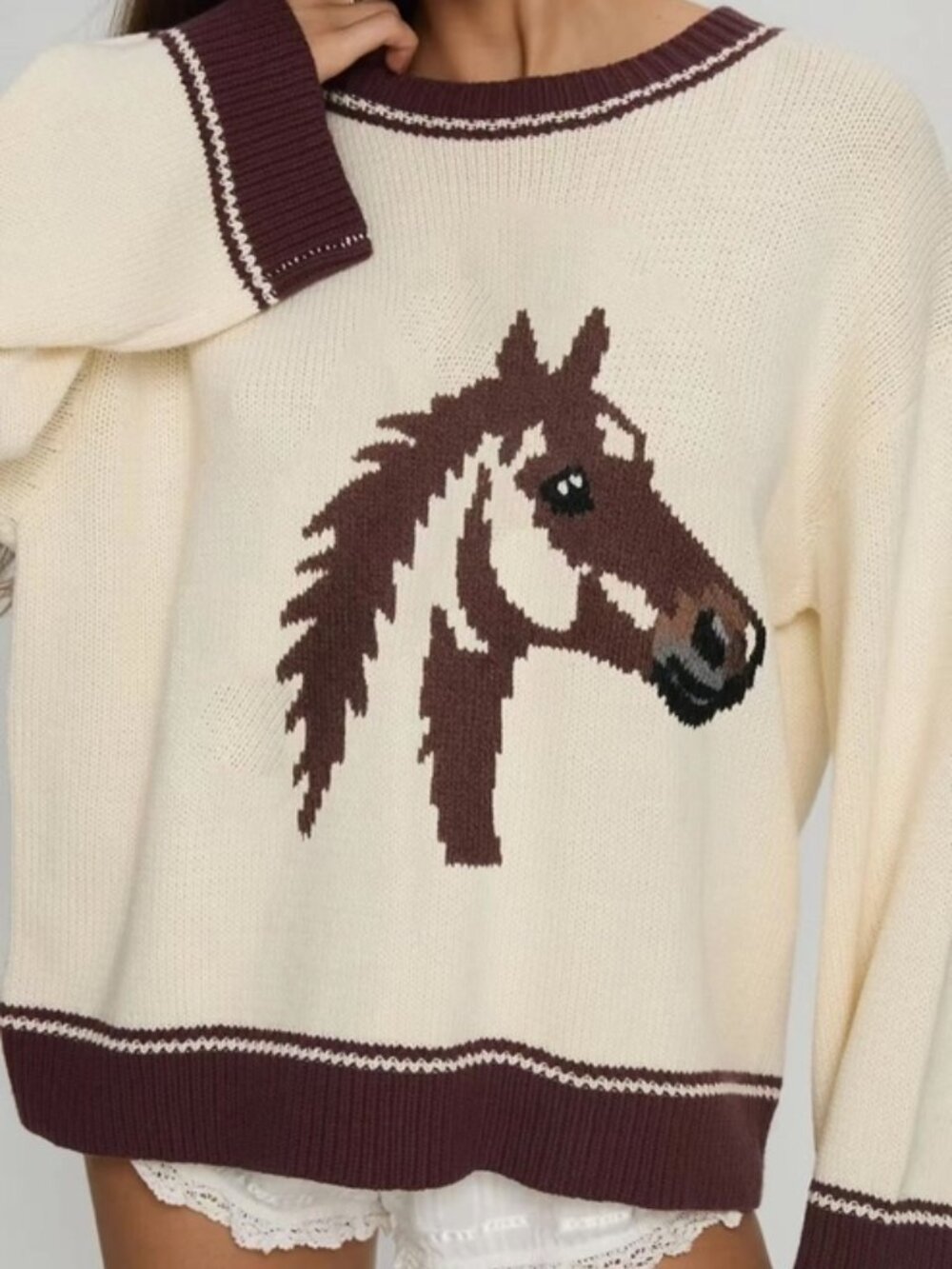 Western Vintage Horse Graphic Knit Sweater in Cream - Picture 3 of 5